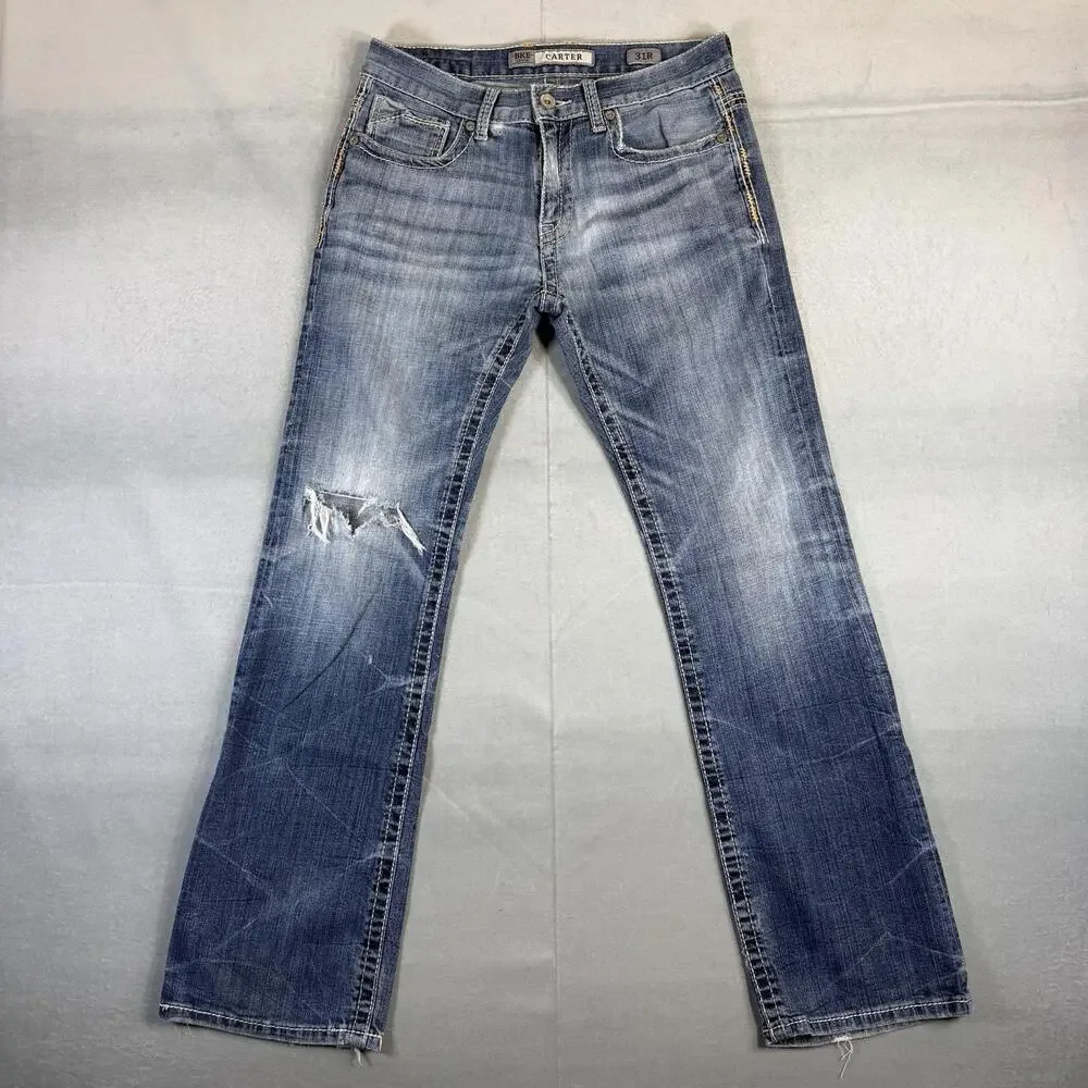 BKE Carter Jeans Mens 31R Blue Med Wash Distressed Straight Leg Modern Fit Denim